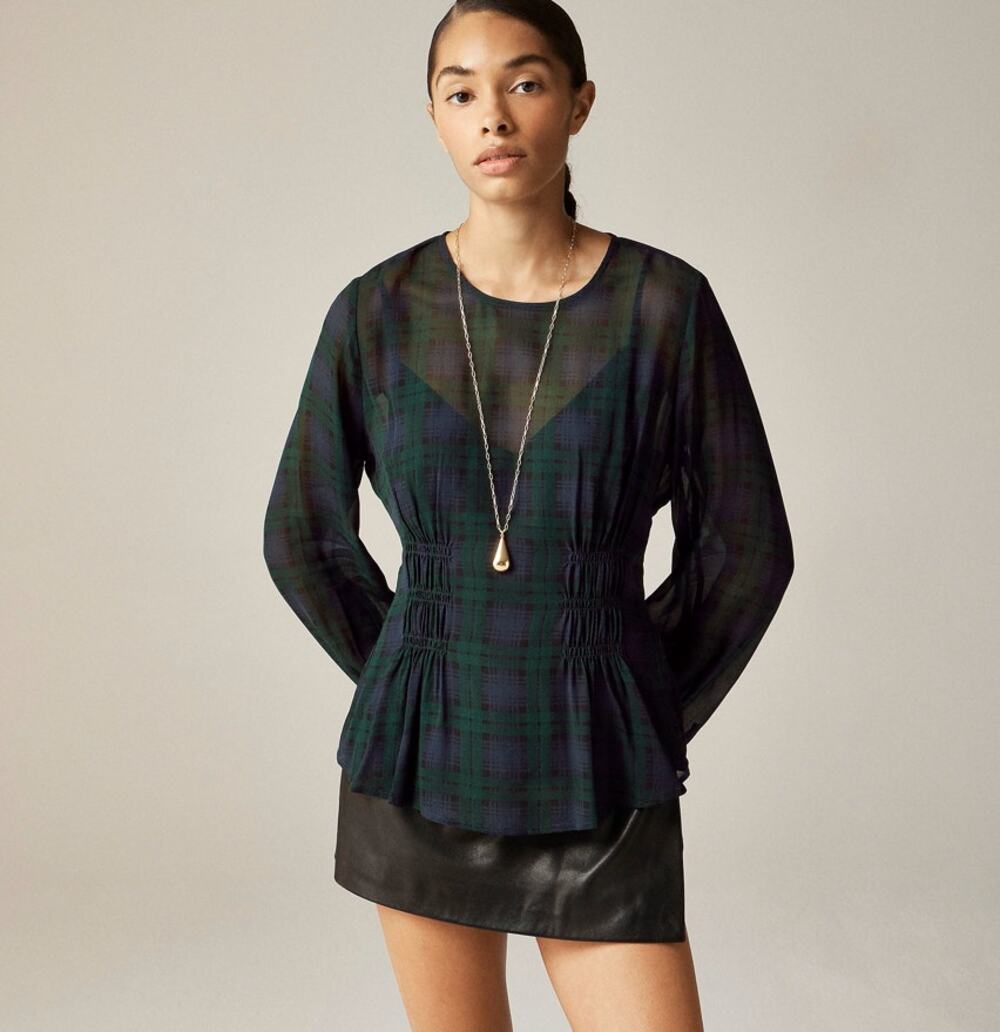 J.Crew Chiffon Shirred-Waist Top Sz 0 Green Blue Black Watch Tartan Long Sleeve